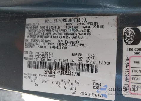 2012 Ford Fusion Se z USA, uszkodzony, nr VIN 3FAHP0HA8CR334900